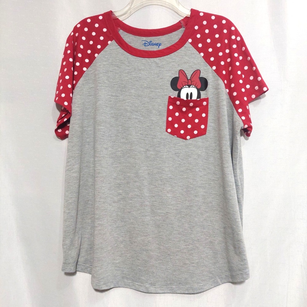 Disney Minie Mouse Womens 2X Raglan Tee Polka Dot Sleeves Front Pocket